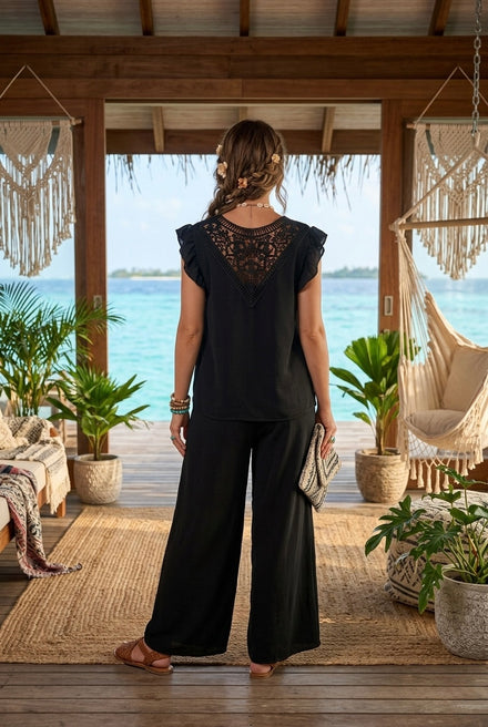 CROCHET-BACK  FLUTTER SLEEVE LOUGE SET