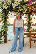 CHAMBRAY DRAWSTRING WIDE LEG TROUSER