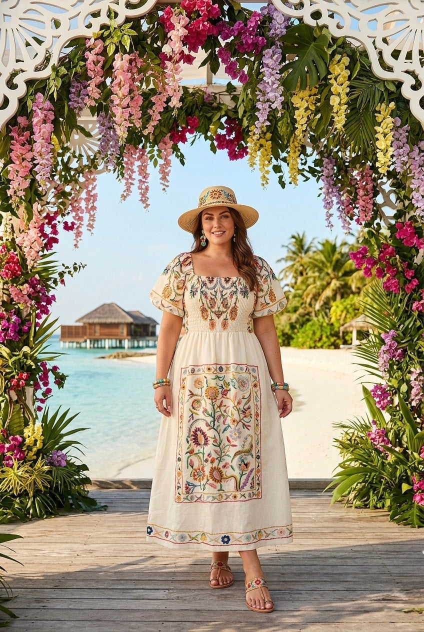 PRINTED BANDEAU PUFF SLEEVE MAXI