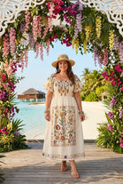 PRINTED BANDEAU PUFF SLEEVE MAXI