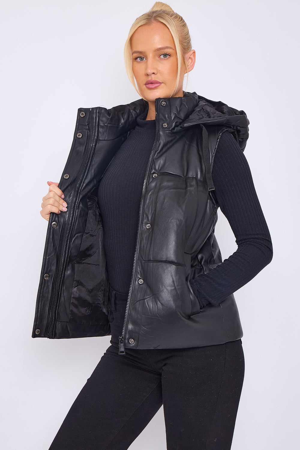 CORA SHORT PU PADDED WAIST COAT (8765162356984) (15310291337600)