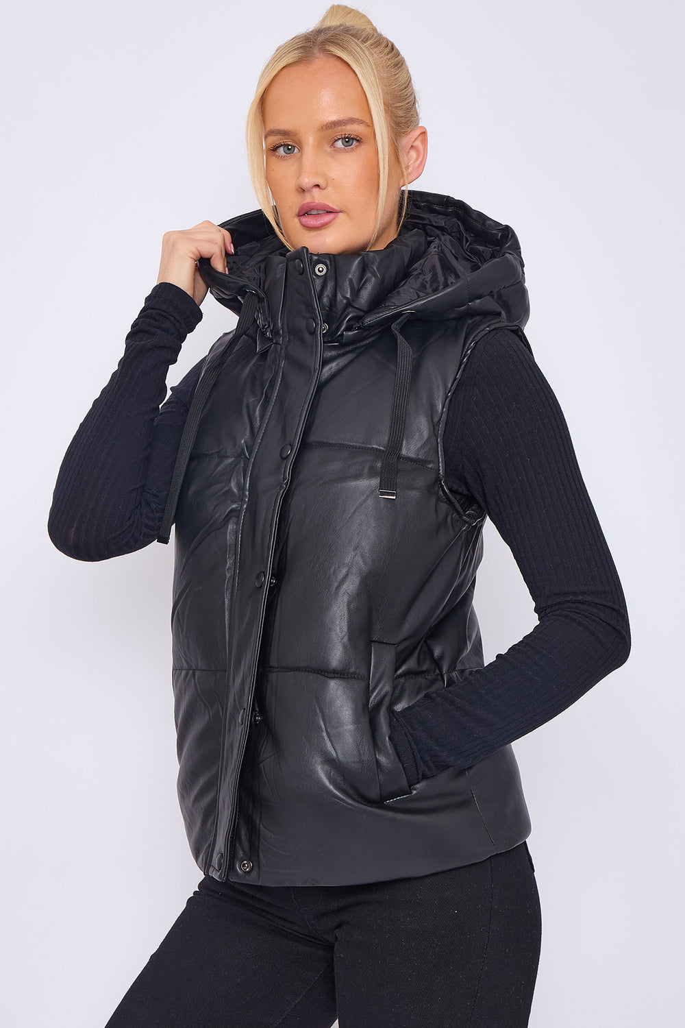 CORA SHORT PU PADDED WAIST COAT (8765162356984) (15310291337600)