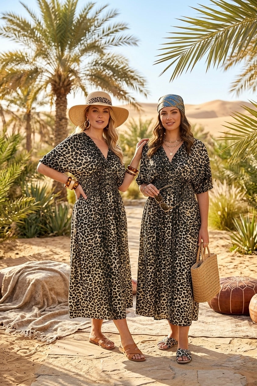 LEOPARD SMOCKED WIAST MIDI DRESS(MIXED COLOUR PACK)