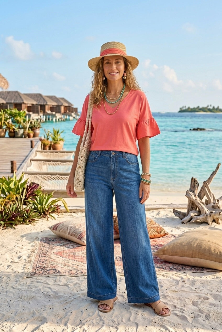 RUFFLE SLEEVE V-NECK T-SHIRT