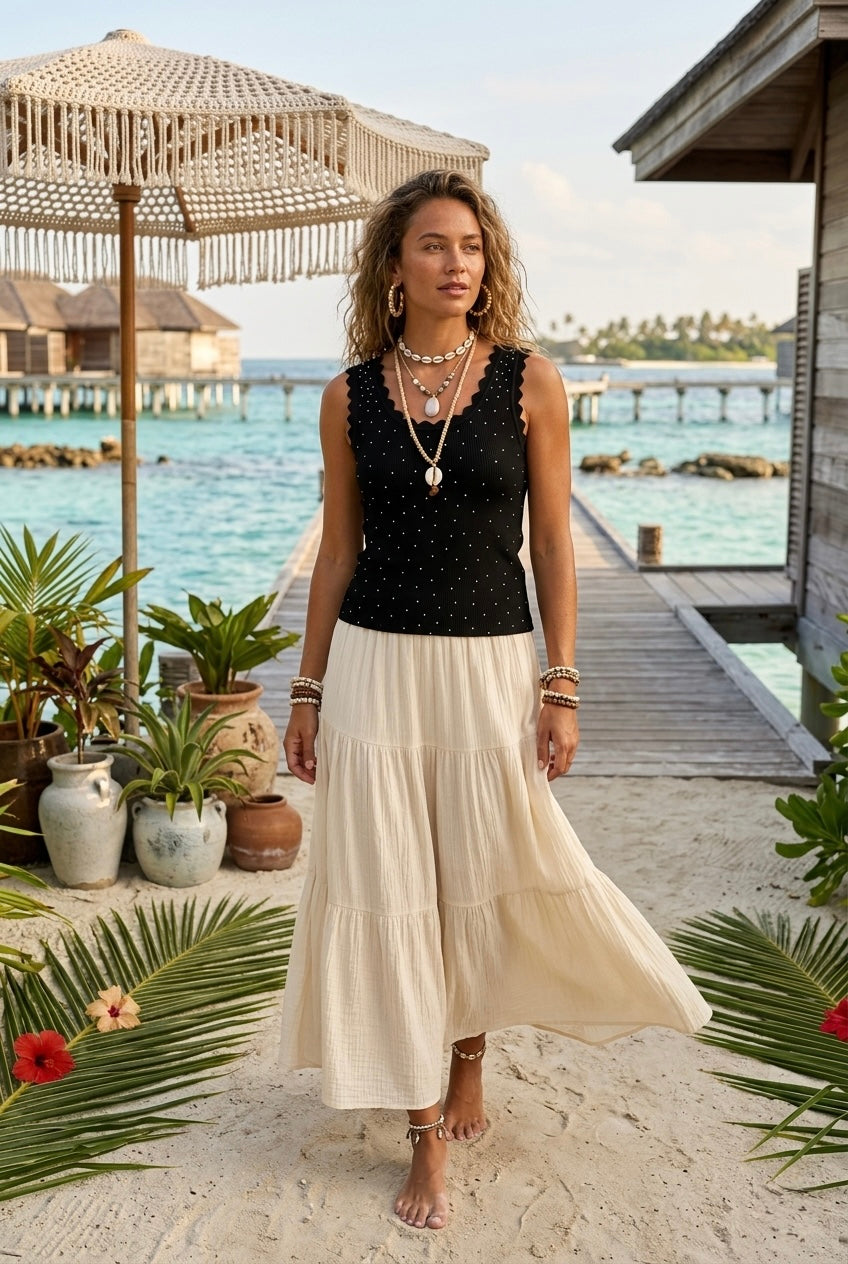 POINTELLE SCALLOPED KNIT TOP