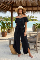 OFF-THE SHOULDER SPLIT LEG JUMPSUIT