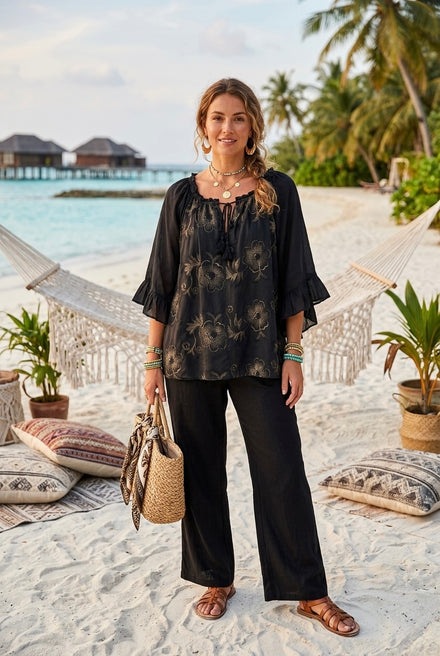 FLORAL EMBROIDERED RUFFLE SLEEVE BLOUSE