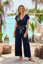 V-NECK BELTED GAUZE JUMPSUIT