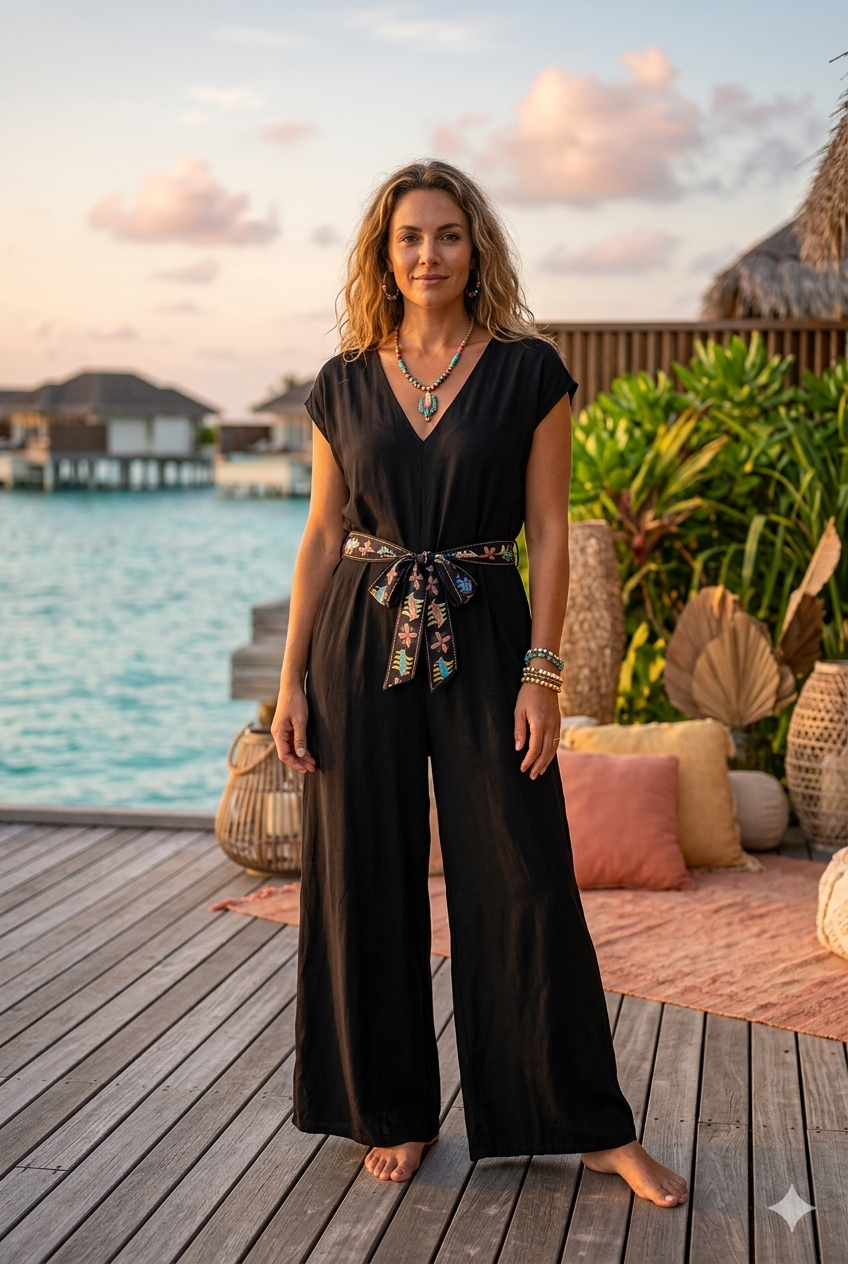 V-NECK BELTED GAUZE JUMPSUIT