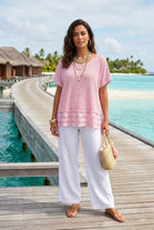 OPEN KNIT BRODERIE PEPLUM BLOUSE