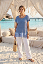 OPEN KNIT BRODERIE PEPLUM BLOUSE
