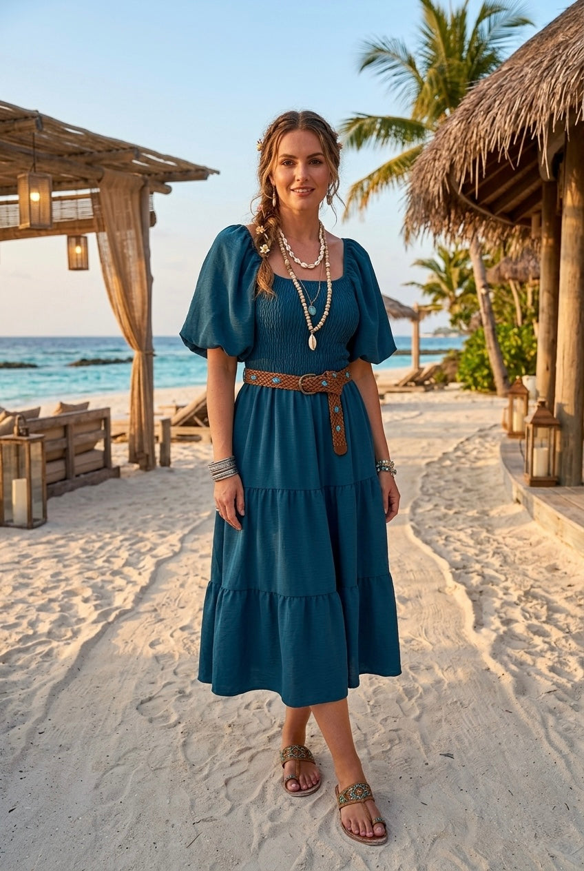 PUFF SLEEVE TIERED MIDI DRESS