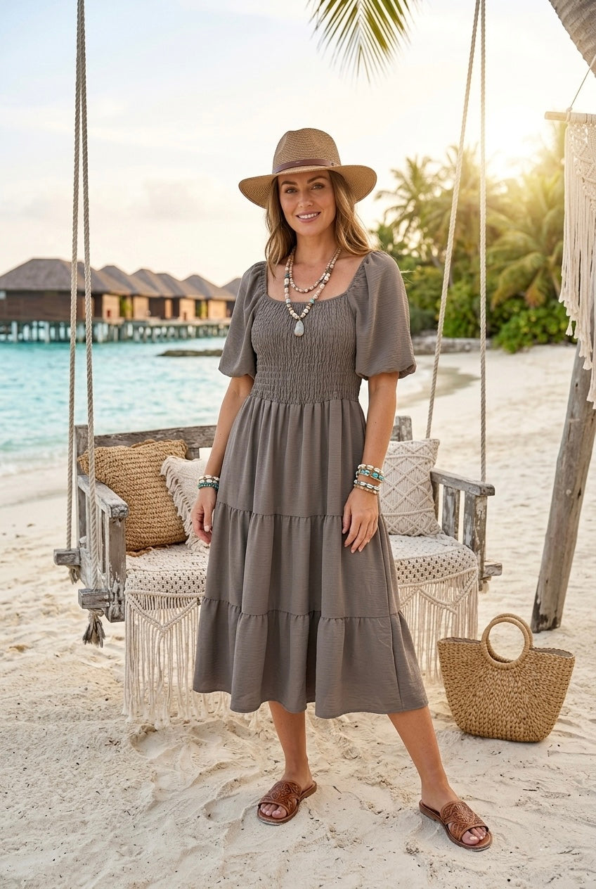 PUFF SLEEVE TIERED MIDI DRESS