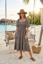 PUFF SLEEVE TIERED MIDI DRESS