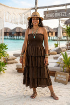 STRAPLESS TIERED MIDI DRESS