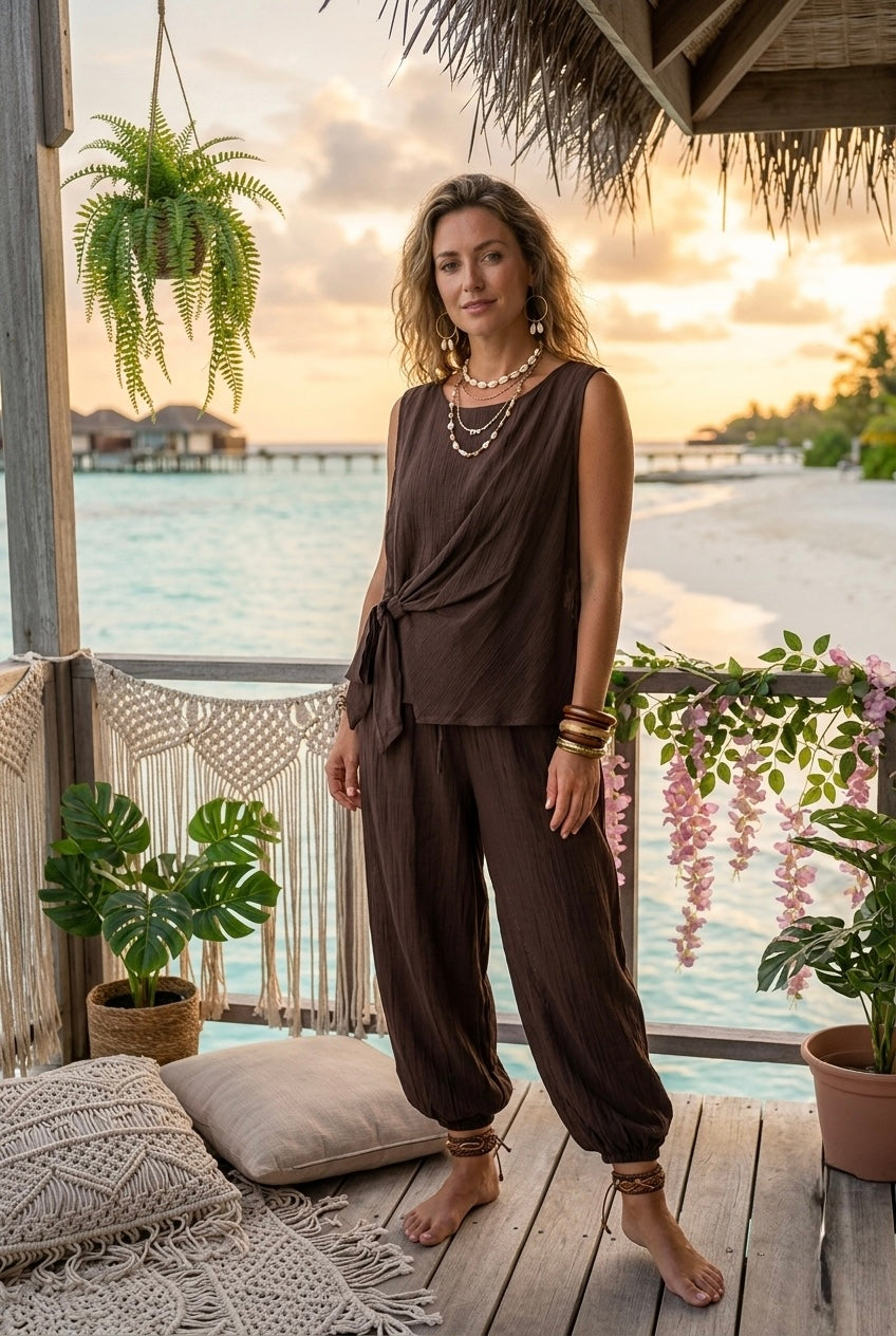 TEXTURED SLEEVELESS SIDE TIE TOP& JOGGER LOUNGE SET