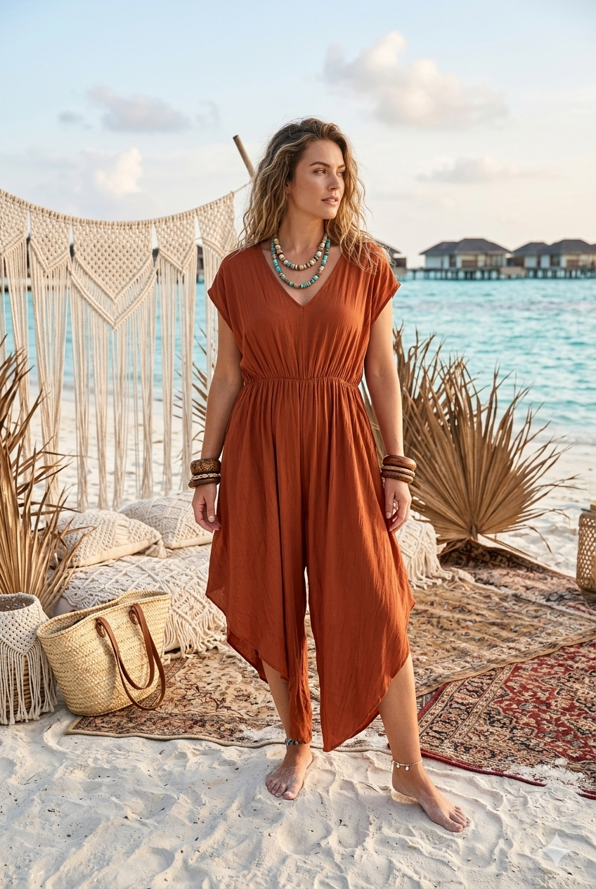 CRINKLE BACK TIE  V-NECK JUMPSUIT