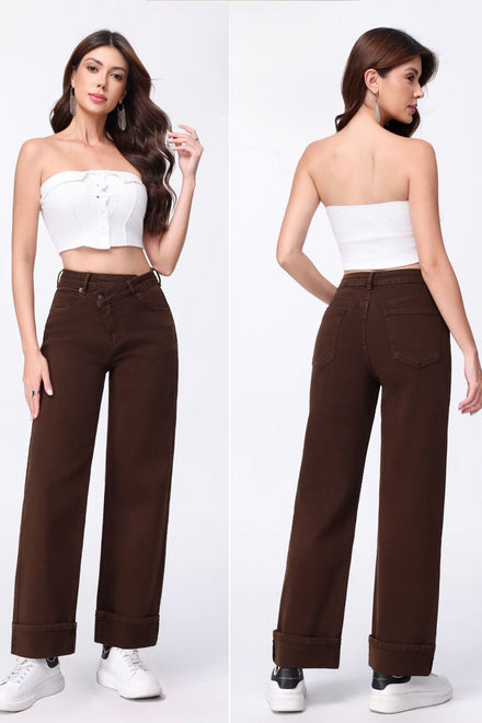 ASYMETRIC WAIST BROWN WIDE LEG JEANS