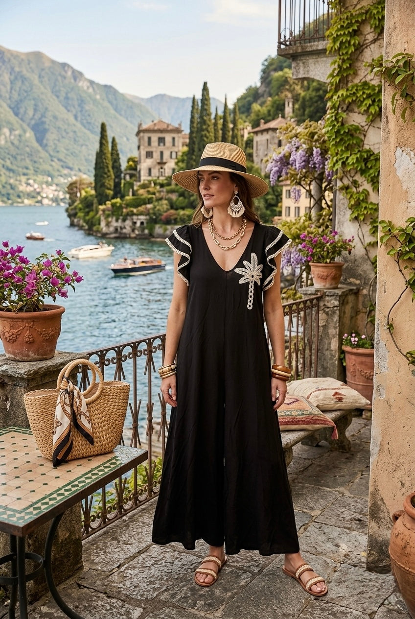 EMBROIDERED PALM TREE PATCH JUMPSUIT
