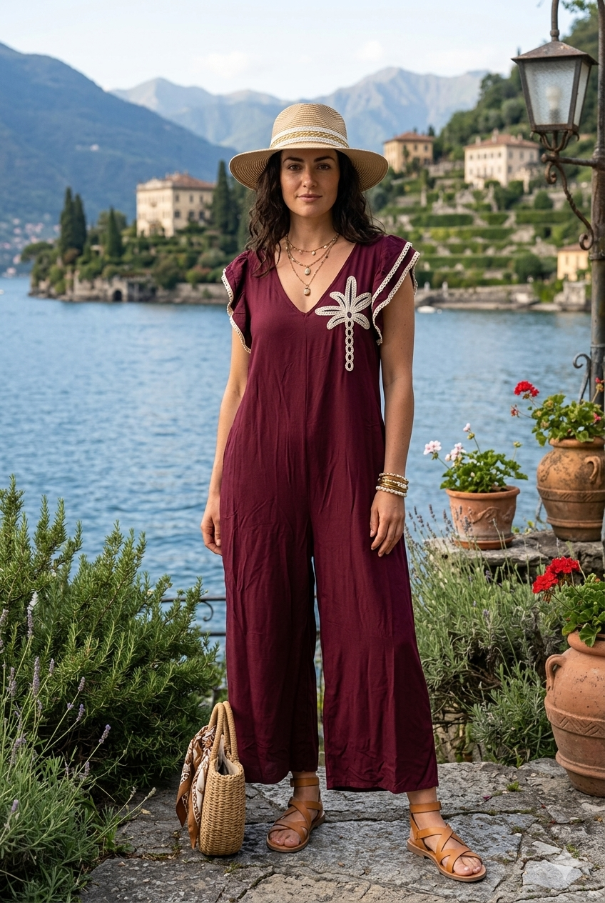 EMBROIDERED PALM TREE PATCH JUMPSUIT