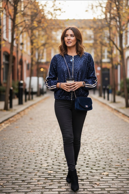 DETAIL SLEEVE SEQUIN BOMBER JACKET