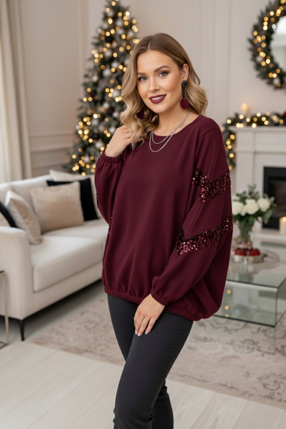 DETAIL SEQUIN SLEEVE SWEAT SHIRT