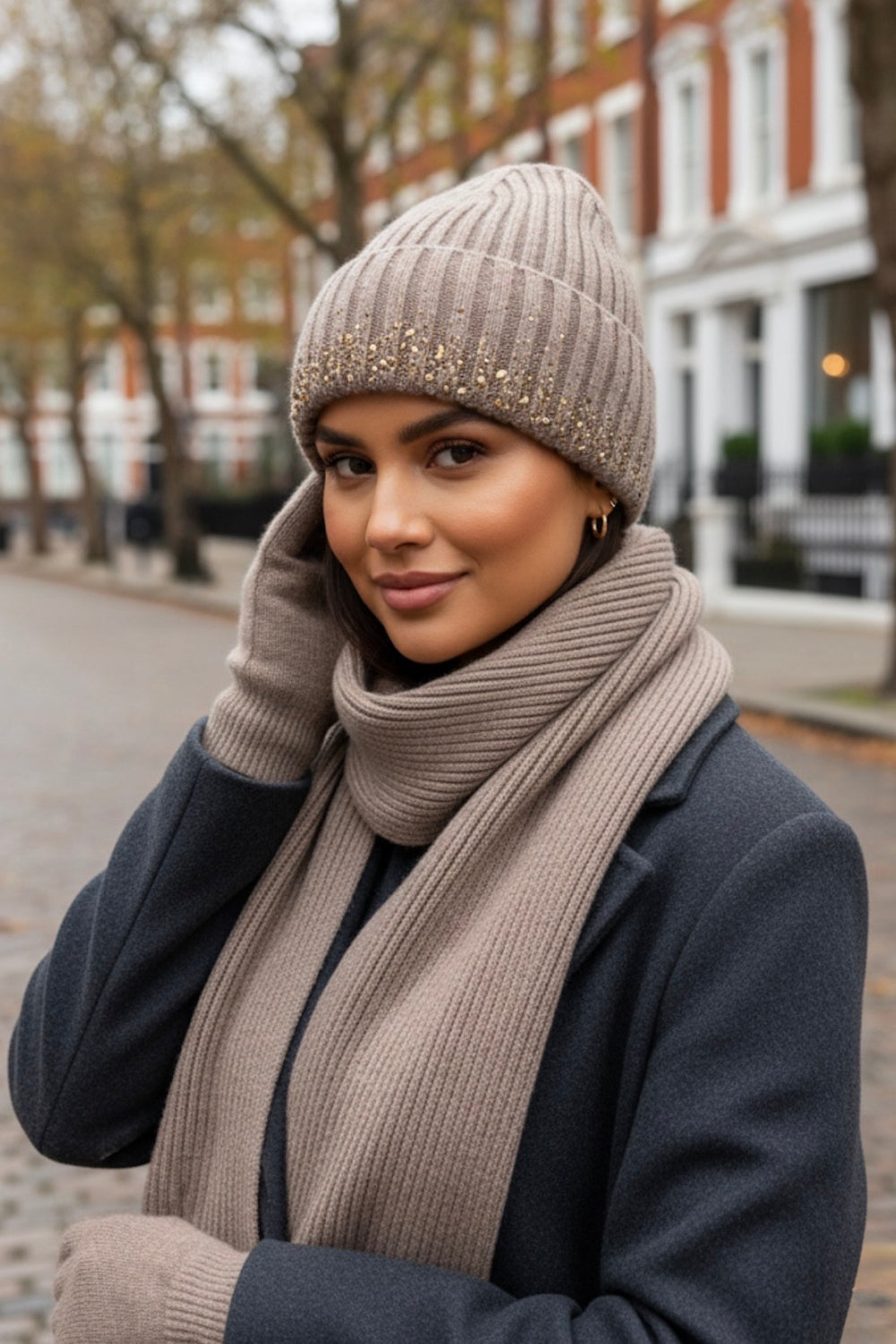 DIAMANTE TRIM KNIT HAT