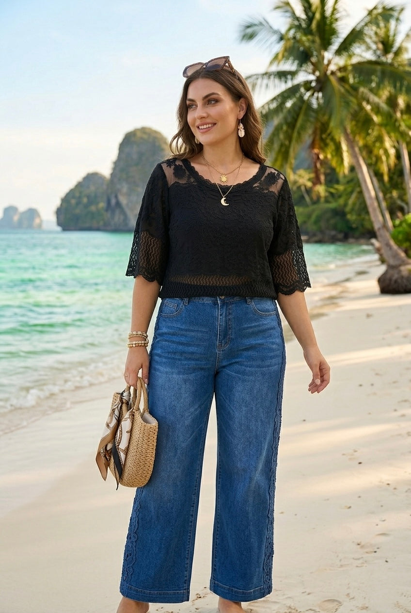 PUFF SLEEVE LACE CROCHET TOP