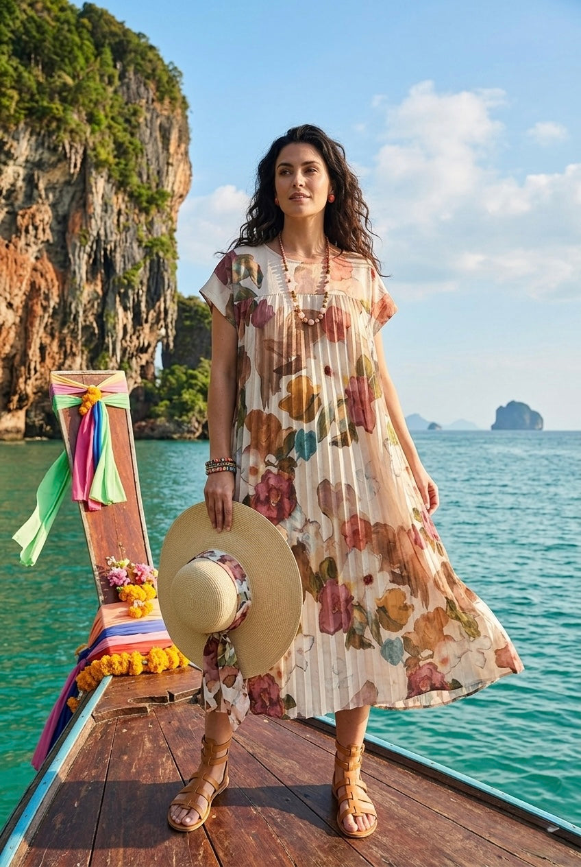 PLEATED FLORAL PRINT MAXI