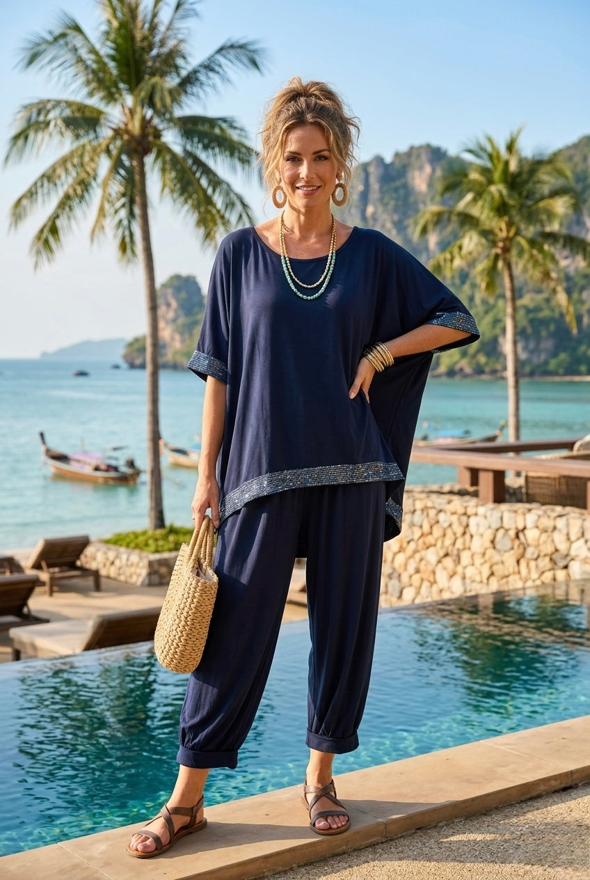 SEQUIN TRIM TOP LOUNGE WEAR