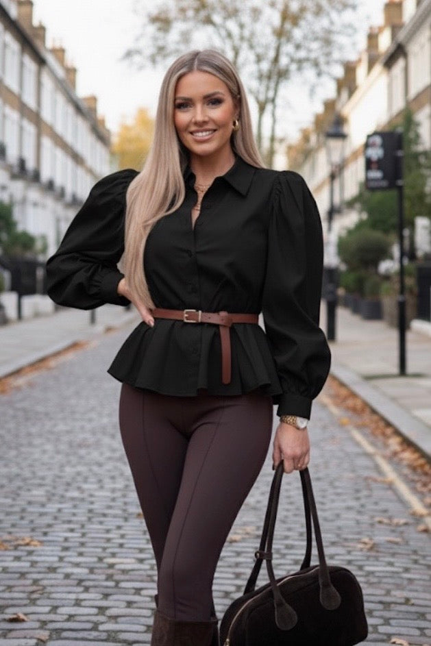 BELTED  BALLOON SLEEVE SHIRT