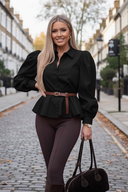 BELTED  BALLOON SLEEVE SHIRT