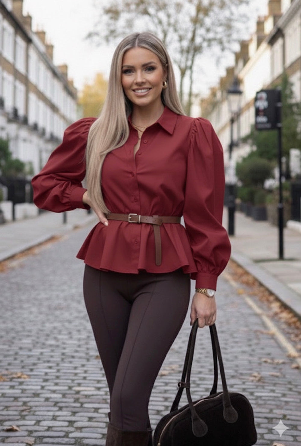 BELTED  BALLOON SLEEVE SHIRT