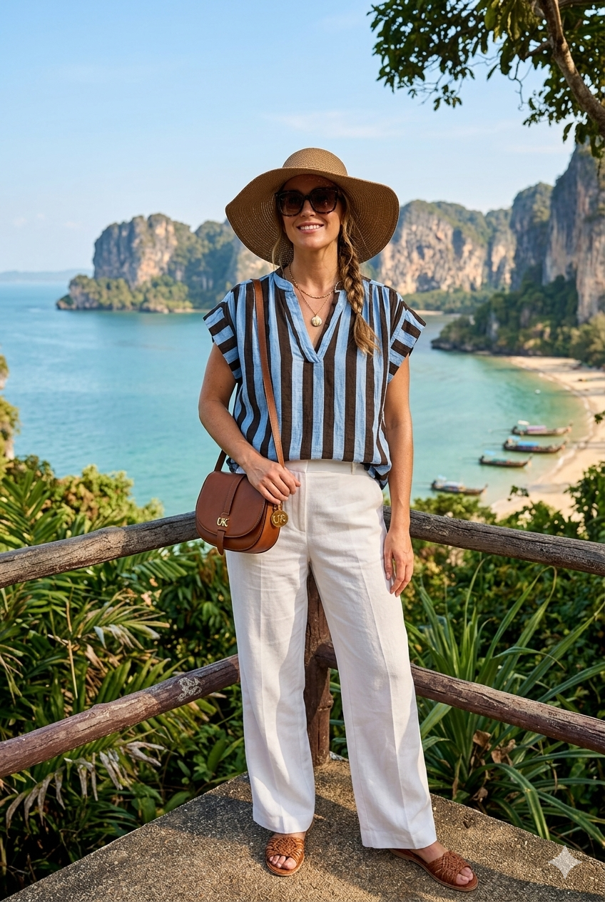 CAP SLEEVE STRIPE V-NECK BLOUSE