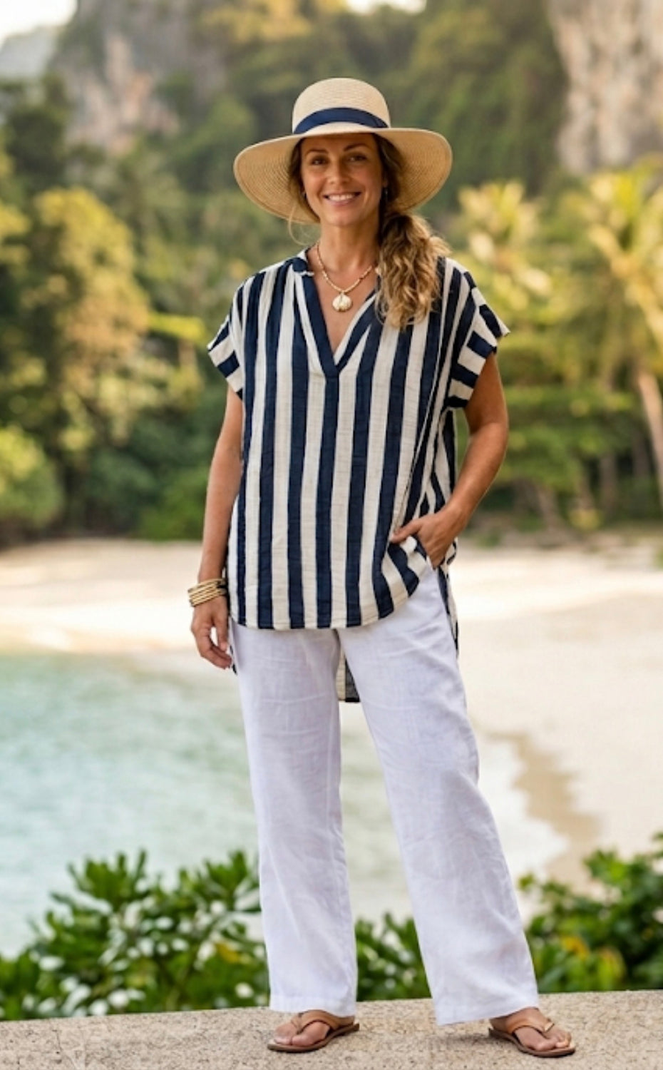 CAP SLEEVE STRIPE V-NECK BLOUSE