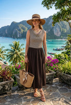STRIPED COWL-NECK MIDI DRESS