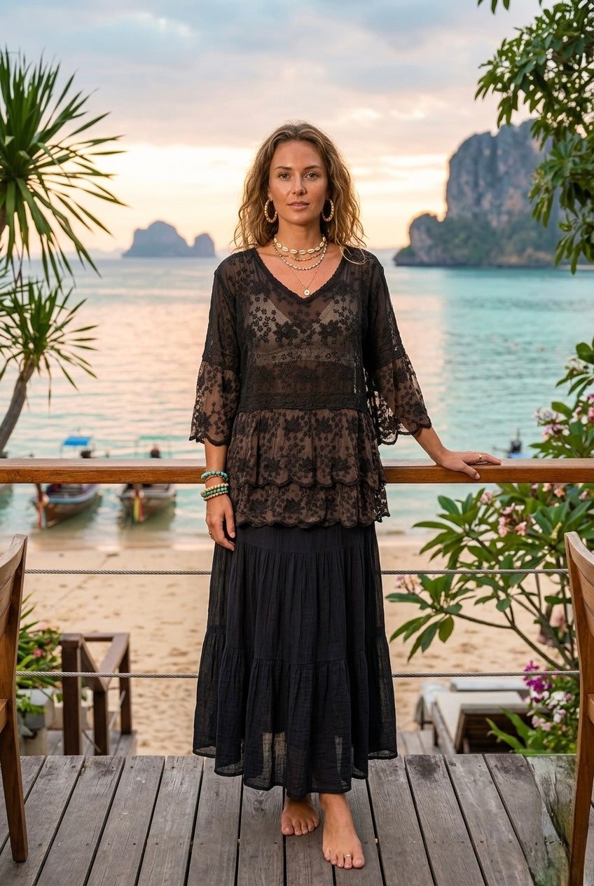 CROCHET LACE TRIM SHORT SLEEVE TOP