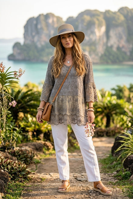 CROCHET LACE TRIM SHORT SLEEVE TOP