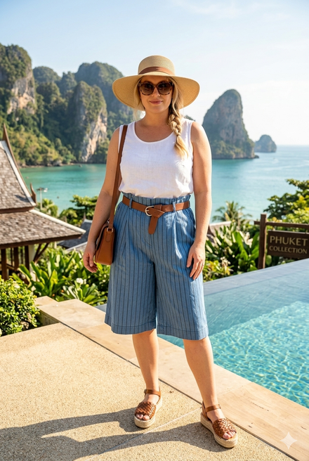 PINSTRIPE BELTED BERMUDA SHORTS