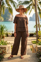 OFF THE SHOULDER COTTON TEXTURED LOUNGE SET