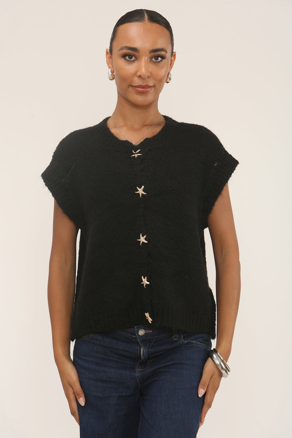 GOLD STAR BUTTON KNITTED WIAST COAT (15297295745408)