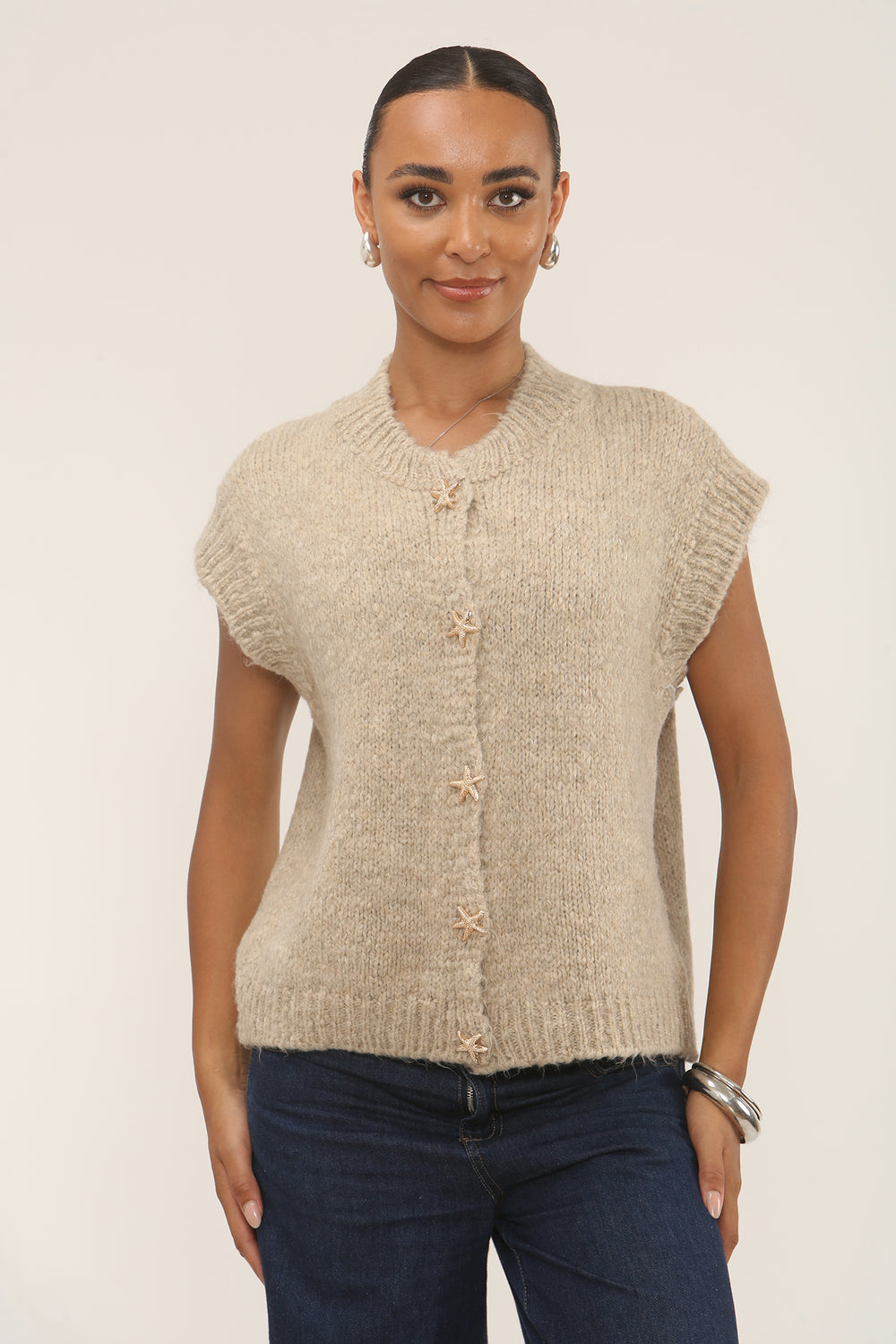 GOLD STAR BUTTON KNITTED WIAST COAT (15297290600832)
