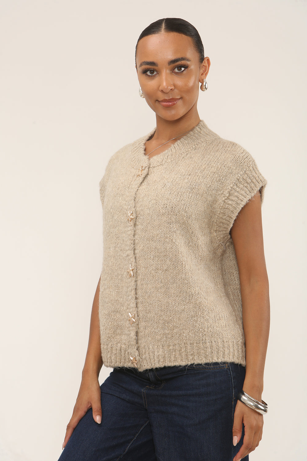 GOLD STAR BUTTON KNITTED WIAST COAT (15297290600832)