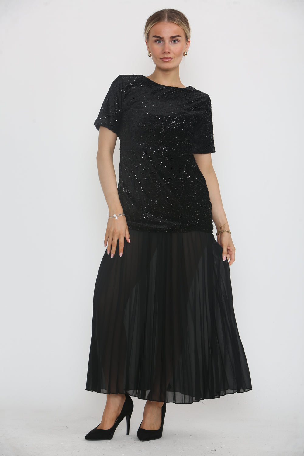 SEQUIN TOP WITH BOTTOM PLEATED DRESS
