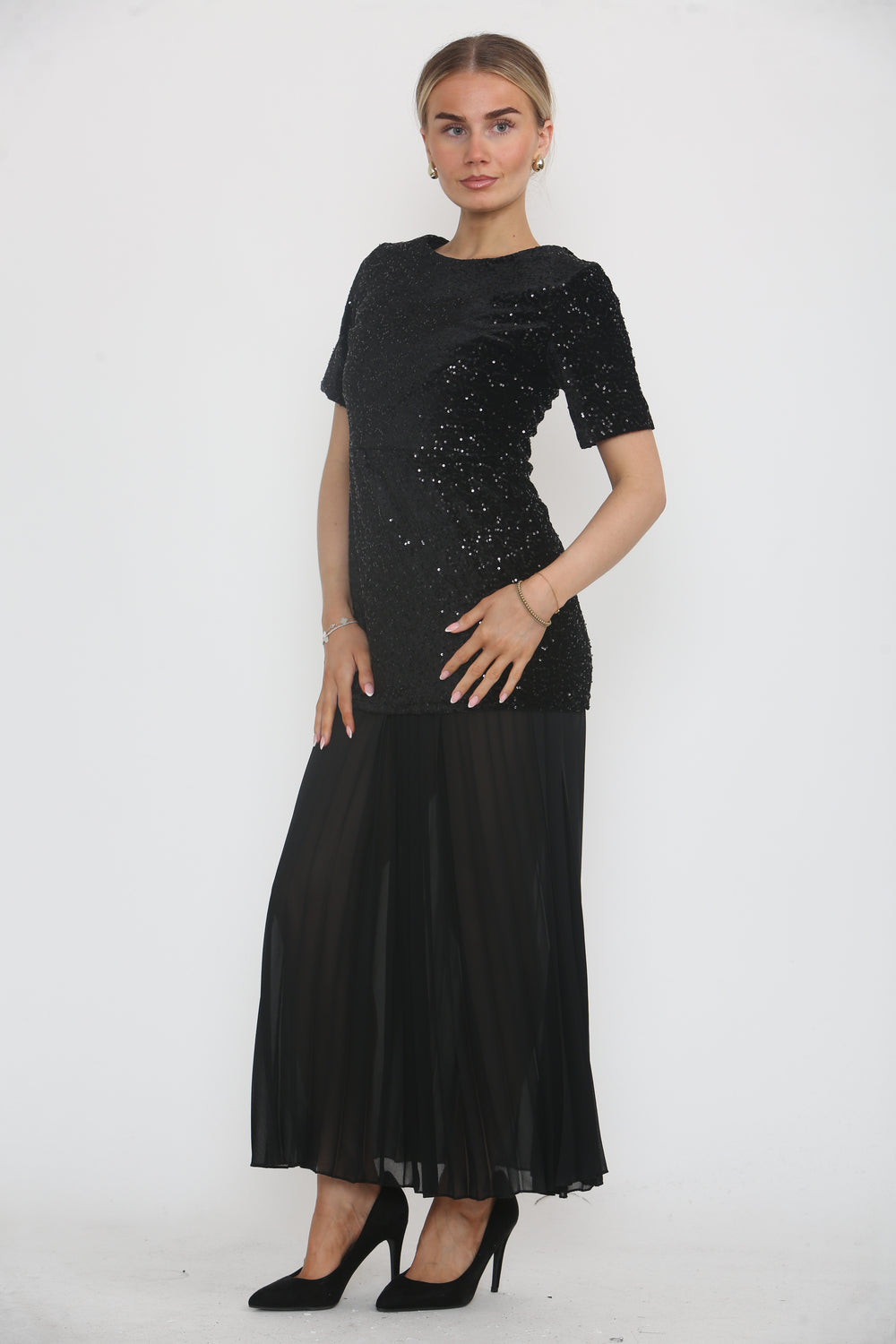SEQUIN TOP WITH BOTTOM PLEATED DRESS