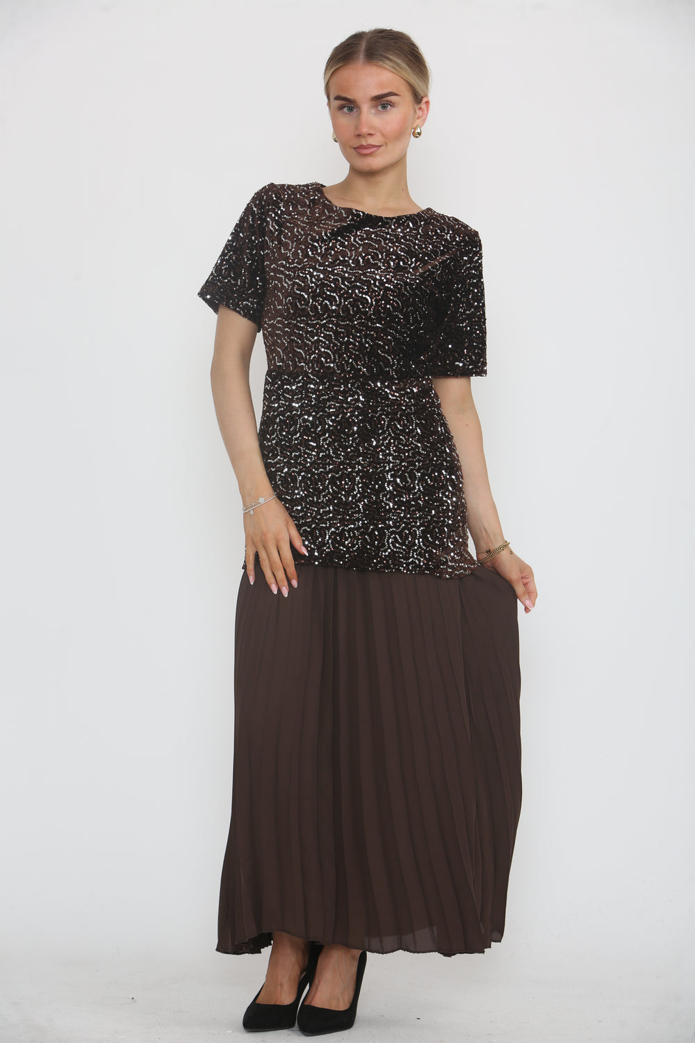 SEQUIN TOP WITH BOTTOM PLEATED DRESS