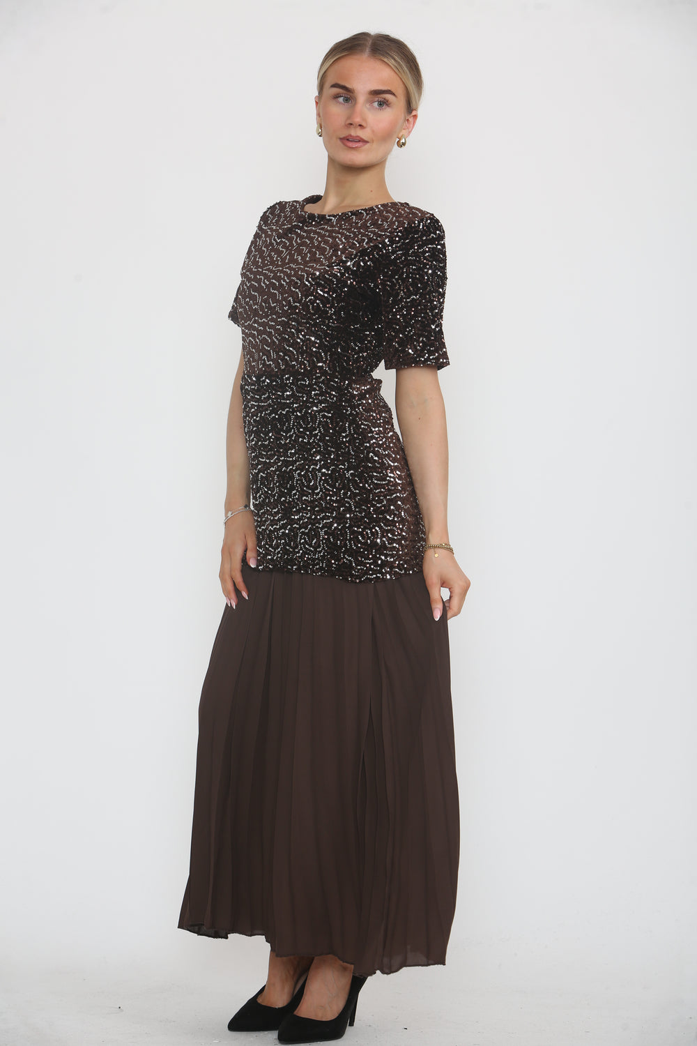 SEQUIN TOP WITH BOTTOM PLEATED DRESS