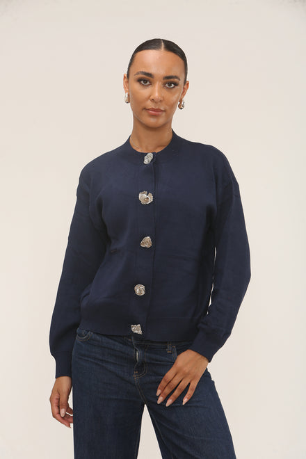 METALLIC BUTTON DETAIL KNIT CARDIGAN (15298861236608)