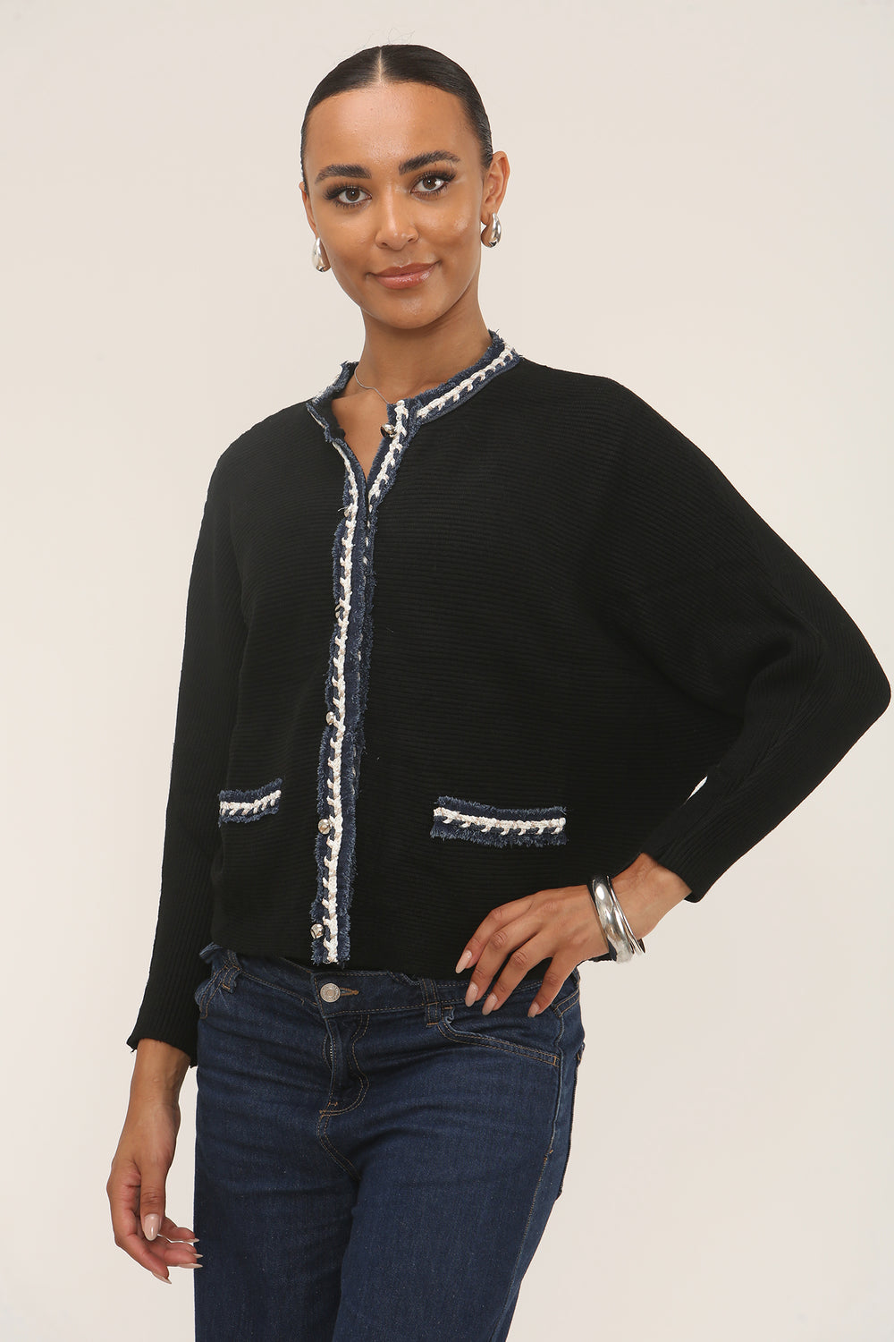 CARLY DENIM TRIM RIB BUTTON JUMPER (15287717069184)