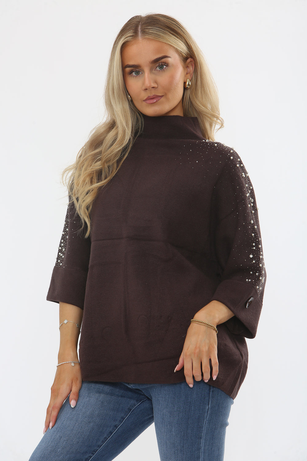 SLEEVE EMBELLISHED  KNIT TOP (15357216358784)